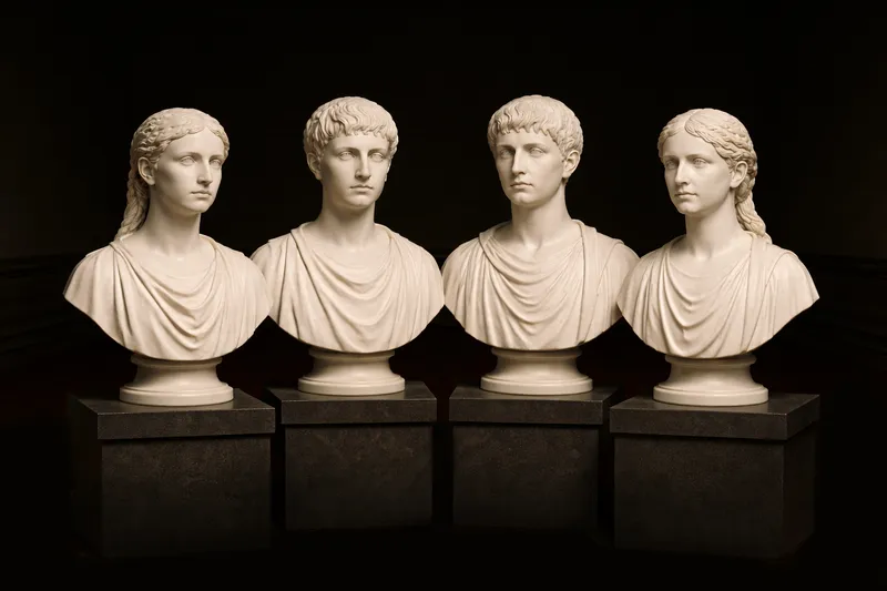 Teenagers and mentor statues in dark-academia style